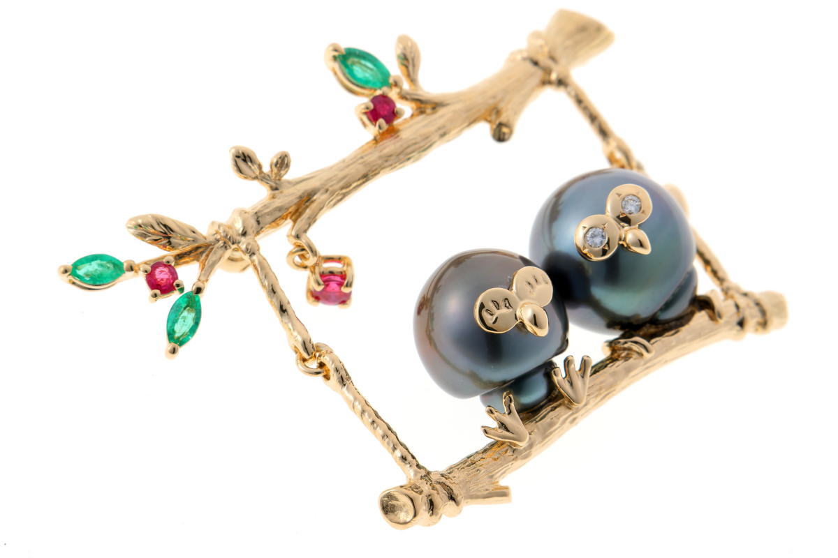 TASAKI タサキ フクロウ 梟　ブラックパール ダイヤ ブローチ - イエローゴールド K18YG 2610005