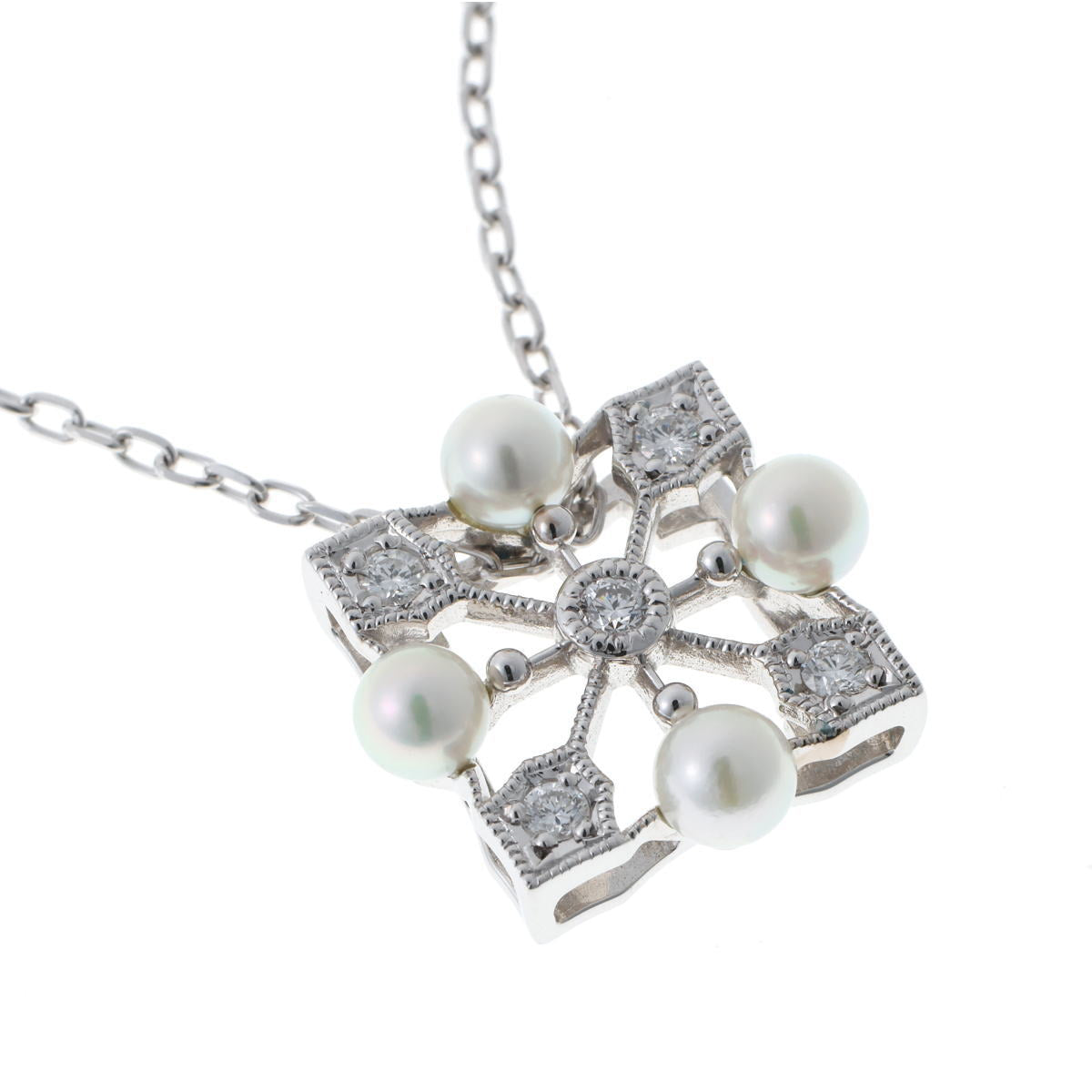 MIKIMOTO ミキモト スクエア パール ダイヤ ネックレス - ホワイトゴールド K18WG 2610074