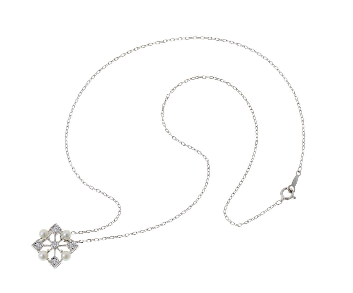 MIKIMOTO ミキモト スクエア パール ダイヤ ネックレス - ホワイトゴールド K18WG 2610074