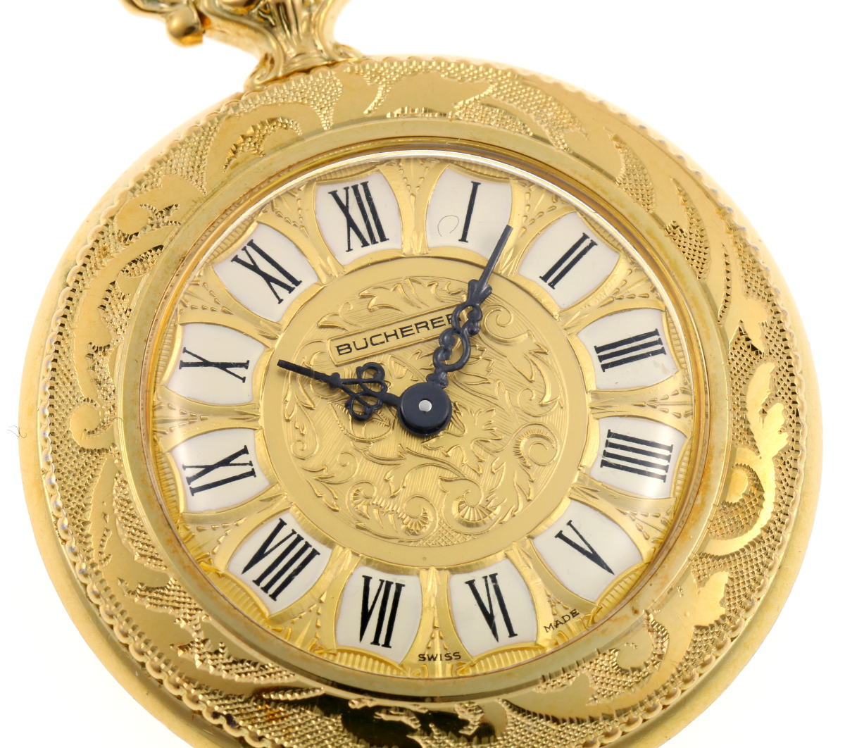 【超希少】ブッヘラーライオン彫刻の金色懐中時計　電池新品　ビンテージ BUCHERER ブッフェラー ポケットウォッチ 懐中時計 手巻 - GP